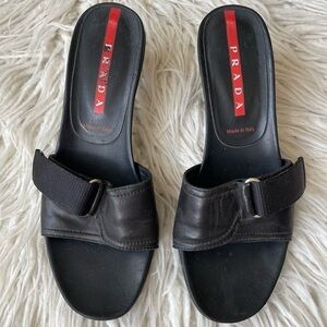 Prada Sport Leather Buckle Black Vintage Y2K Open Toe Heeled Sandal Mules 36.5